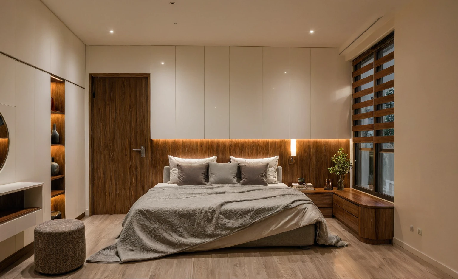 Raw photo,Masterpiece, high quality, best quality, authentic, super detail, interior, indoors, dinning room, kitchen room, style Indochine modern, minimalist line, aiaigroup , wooden, walnut veneer wood, led light, white paint wall, sofa, BED RÔM