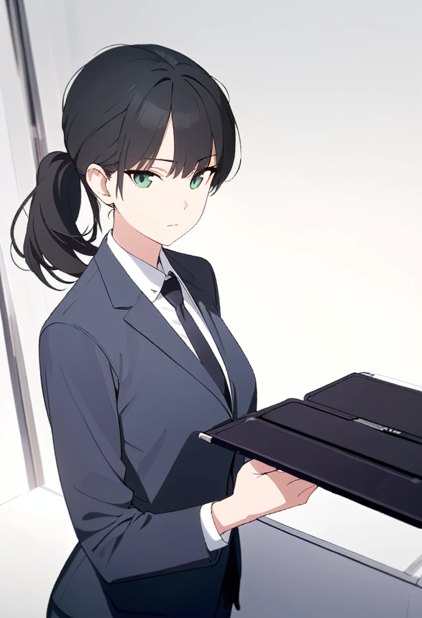 (masterpiece, high quality, best quality, highres,) One Woman, young, black hair, ponytail, Green Eyes, Athletic build, expressionless, closed mouth, office staff suit, Simple white background, standing, cowboy shot, (from the front)
