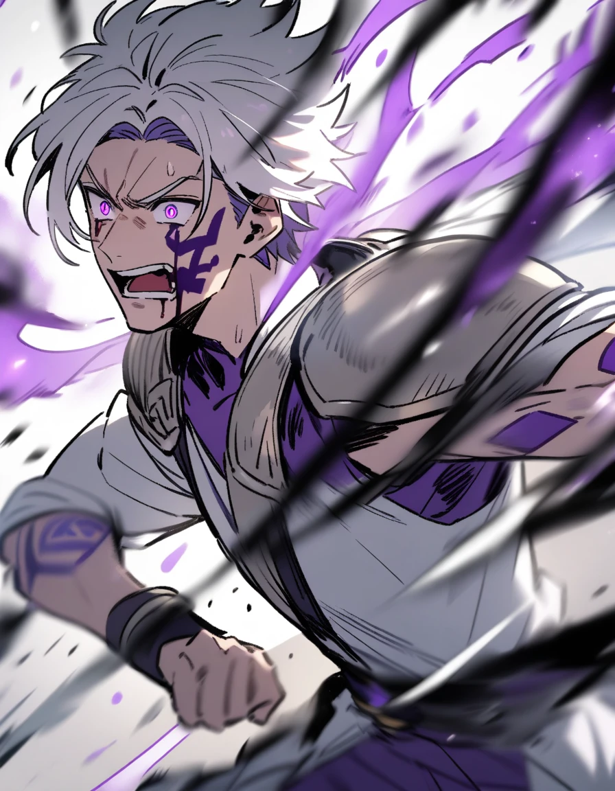 young Greek man with white hair, violet eyes, one of his arms with purple Greek tattoos, with silver shoulder pads, with a bleeding face and going on the attack