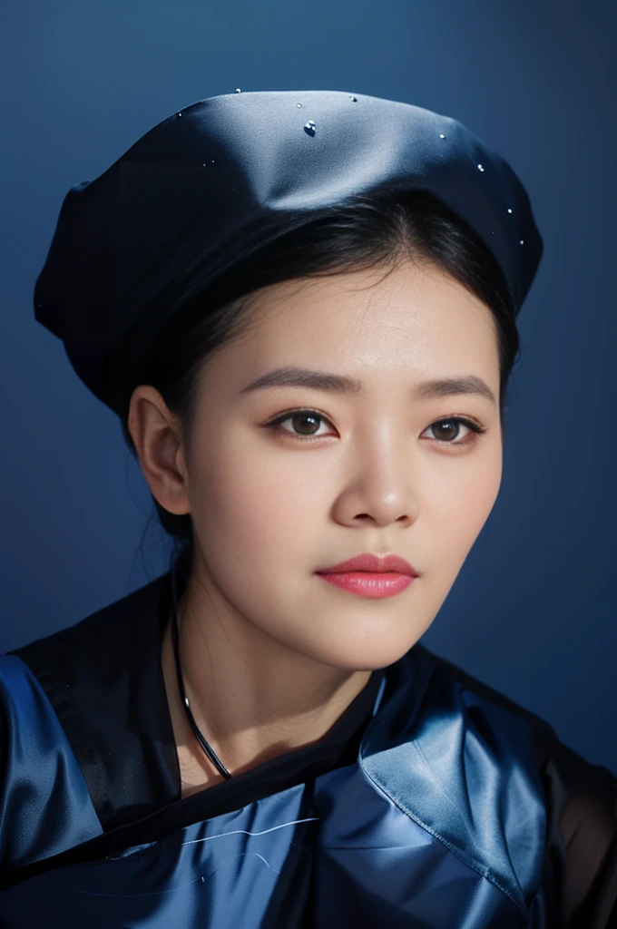 Highly realistic photo, ((masterpiece), (best quality), (raw photo), (photorealistic:1.4), Portrait of a 60 year old Vietnamese woman, wearing a black traditional Vietnamese ao dai and a black scarf on her head, ((blue background:1.4)) , photo taken by Sony A7IV