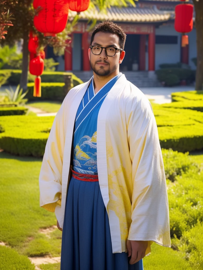 An award-winning original photo，a handsome 38-year-old man, crew cut, (((full body))), (((landscape))), mature man, [slightly fat], asian man, brown eyes, rounded face, glasses, slightly balding, 1boy, Solo, (big shoulders), (((stubbles, Short beard))), (((full beard))), (Beautiful eyes:1.3), (Detailed face:1.3), wearing glasses, Dynamic Angle, volumetric lighting, (Best quality, A high resolution, Photorealistic), Cinematic lighting, Masterpiece, RAW photo, Intricate details, (extremely detailed 8k wallpaper), masterpiece 16k photo, (best quality)), 1boy, solo, short hair, big eyes, (white/red/black/blue print robe), (yellow/blue/white/red/black long print skirt), (yellow/blue/white/red/black print shirt),(upper body),(standing),outdoors,(chinese style countryard),
