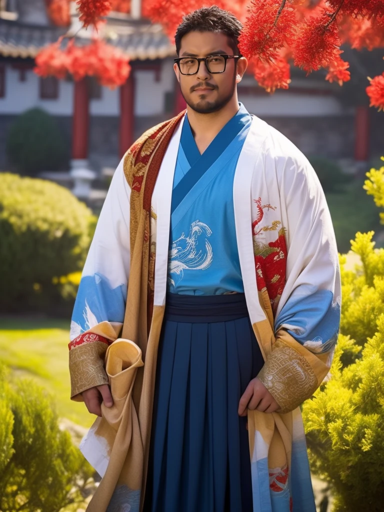 An award-winning original photo，a handsome 38-year-old man, crew cut, (((full body))), (((landscape))), mature man, [slightly fat], asian man, brown eyes, rounded face, glasses, slightly balding, 1boy, Solo, (big shoulders), (((stubbles, Short beard))), (((full beard))), (Beautiful eyes:1.3), (Detailed face:1.3), wearing glasses, Dynamic Angle, volumetric lighting, (Best quality, A high resolution, Photorealistic), Cinematic lighting, Masterpiece, RAW photo, Intricate details, (extremely detailed 8k wallpaper), masterpiece 16k photo, (best quality)), 1boy, solo, short hair, big eyes, (white/red/black/blue print robe), (yellow/blue/white/red/black long print skirt), (yellow/blue/white/red/black print shirt),(upper body),(standing),outdoors,(chinese style countryard),