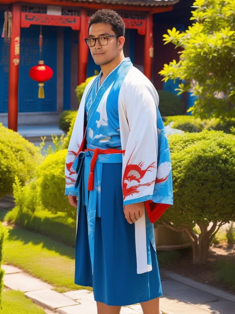An award-winning original photo，a handsome 38-year-old man, crew cut, (((full body))), (((landscape))), mature man, [slightly fat], asian man, brown eyes, rounded face, glasses, slightly balding, 1boy, Solo, (big shoulders), (((stubbles, Short beard))), (((full beard))), (Beautiful eyes:1.3), (Detailed face:1.3), wearing glasses, Dynamic Angle, volumetric lighting, (Best quality, A high resolution, Photorealistic), Cinematic lighting, Masterpiece, RAW photo, Intricate details, (extremely detailed 8k wallpaper), masterpiece 16k photo, (best quality)), 1boy, solo, short hair, big eyes, (white/red/black/blue print robe), (yellow/blue/white/red/black long print skirt), (yellow/blue/white/red/black print shirt),(upper body),(standing),outdoors,(chinese style countryard),
