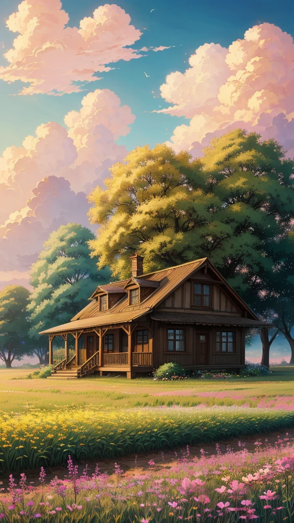 painting of a house in a field with atree and flowers, cyril rolando and goronfujita, anime art wallpaper 4k, anime artwallpaper 4 k, anime landscape wallpaper,makoto shinkai cyril rolando, animecountryside landscape, anime artawallpaper 8 k, beautiful anime scene,beautifull puffy clouds. anime, 4k highlydetailed digital art