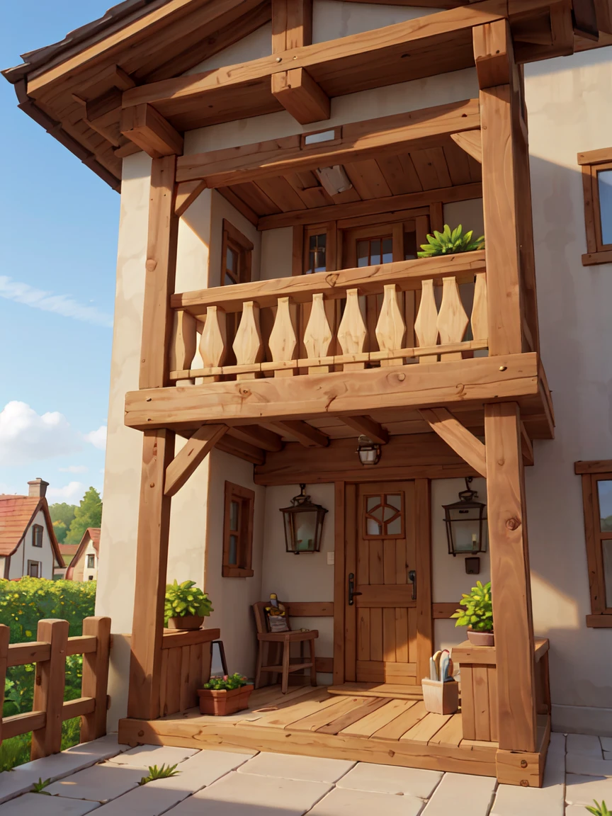 masterpiece, best quality, mini landscape, house, wooden porch, wooden balcony, medieval house, timbered house