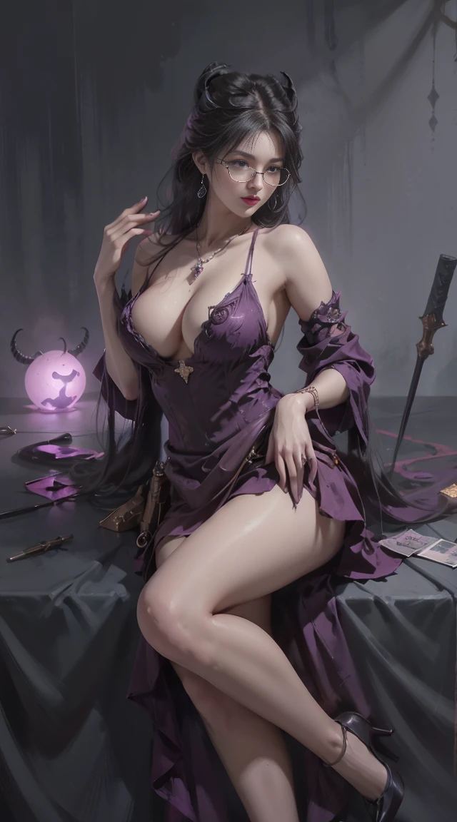 Dark style、Succubus、Devil's Daughter、Bat Wings，(((Demon Hornlack-rimmed round glasses))))、(((Colossal tits)))、(Devil's Tail),（Woman lying on bed）1 girl, Silver hair, striated hair, Bangs, Blunt bangs, Long hair, Pink hair, aqua eyes, longeyelashes, Purple eyes, makeup, Smile, Parted lips, Realism, Verism, surrealism, depth of fields, One-person viewpoint, retinas, masutepiece, ccurate, Anatomically correct, Textured skin,（Coarse short sweater）Floats off the shoulders、off shoulderlack tight skirt（（Full Body Angle））、stick out buttocks）、（shapely breasts,)、((sexypose)))、(camel's toe), tongue、Vaginal orchids、Runny Vaginal Discharge、Blowing tide、Very beautiful breasts、Grasp your breasts with both hands、sexual excitement、 Expressions、shinny skin。realisitic、(Kpop Idol)、Medium Hair、(Pink blush)、(illuminating)、(solo)、dynamicposes、((erectile nipple))、(Puffy eyes:1.２)、 (Slim legs)、erotick