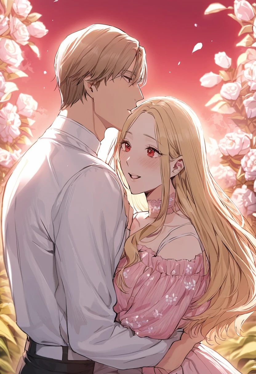 sexy-style, floral background, romance manhwa, masterpiece, best quality, 2others, couple, hetero, 1man with 1woman,
man hair blonde, (Man_red_eyes), 
woman hair blonde, (woman_pink_eyes),
height difference, 
different colors, happy, love, flower-filled landscape, forehead