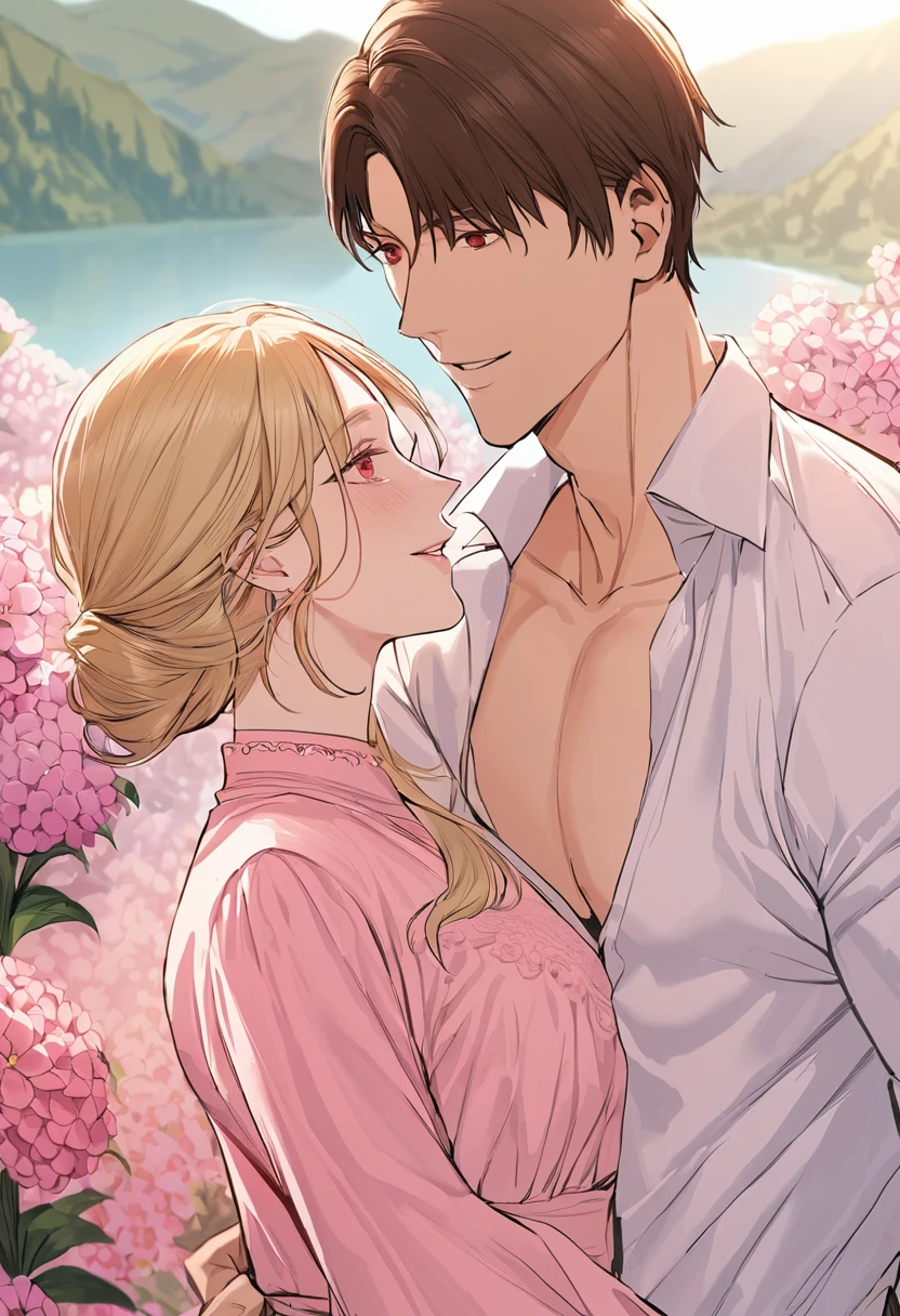 ((absurdres, higher, ultra HD)) 1 male, 1 female,mature, kissing each other, girl is sit on the wash basin, guy is front of her slightly bend towards her, man is shirtless, wearing blue jeans ,woman wearing beautiful pink dress, wisteria flower around them, beautiful, scenary, romantic,((calm and romantic expression:1.2)) ,pixiv, digital painting, mascular man, beautiful elegant woman, (gray stylish hair for man), (brown long hair for woman)