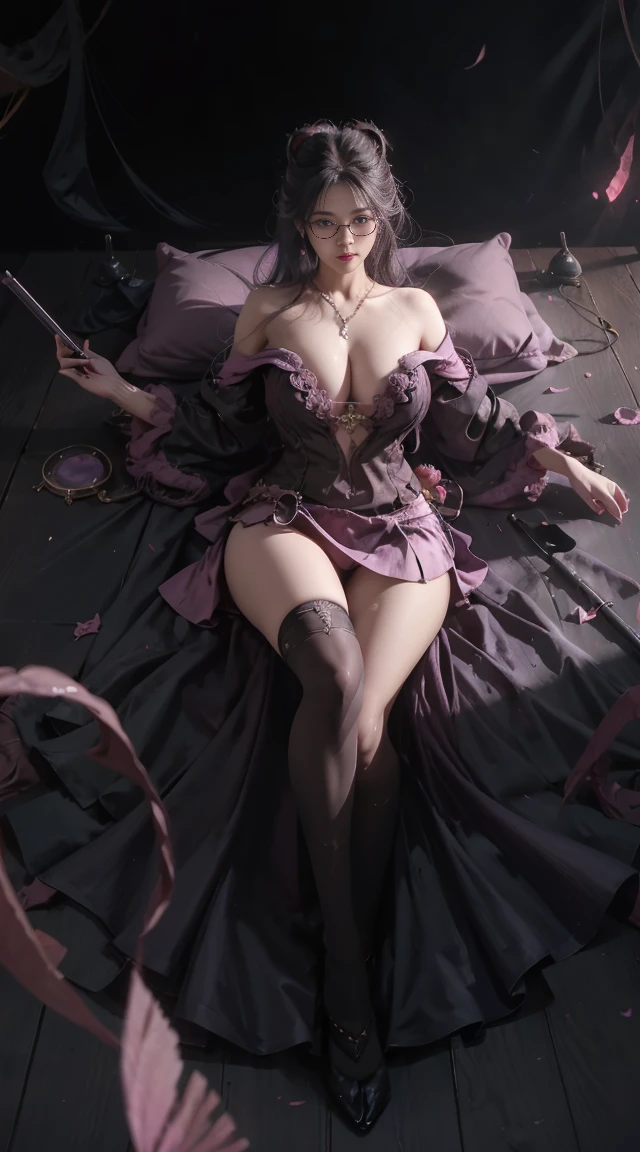 Dark style、Succubus、Devil's Daughter、Bat Wings,(((Demon Hornlack-rimmed round glasses))))、(((Colossal tits)))、(Devil's Tail),(Woman lying on bed)1 girl, Silver hair, striated hair, Bangs, Blunt bangs, Long hair, Pink hair, aqua eyes, longeyelashes, Purple eyes, makeup, Smile, Parted lips, Realism, Verism, surrealism, depth of fields, One-person viewpoint, retinas, masutepiece, ccurate, Anatomically correct, Textured skin,(Coarse short sweater)Floats off the shoulders、off shoulderlack tight skirt((Full Body Angle))、stick out buttocks)、(shapely breasts,)、((sexypose)))、(camel's toe), tongue、Vaginal orchids、Runny Vaginal Discharge、Blowing tide、Very beautiful breasts、Grasp your breasts with both hands、sexual excitement、 Expressions、shinny skin。realisitic、(Kpop Idol)、Medium Hair、(Pink blush)、(illuminating)、(solo)、dynamicposes、((erectile nipple))、(Puffy eyes:1.2)、 (Slim legs)、erotick