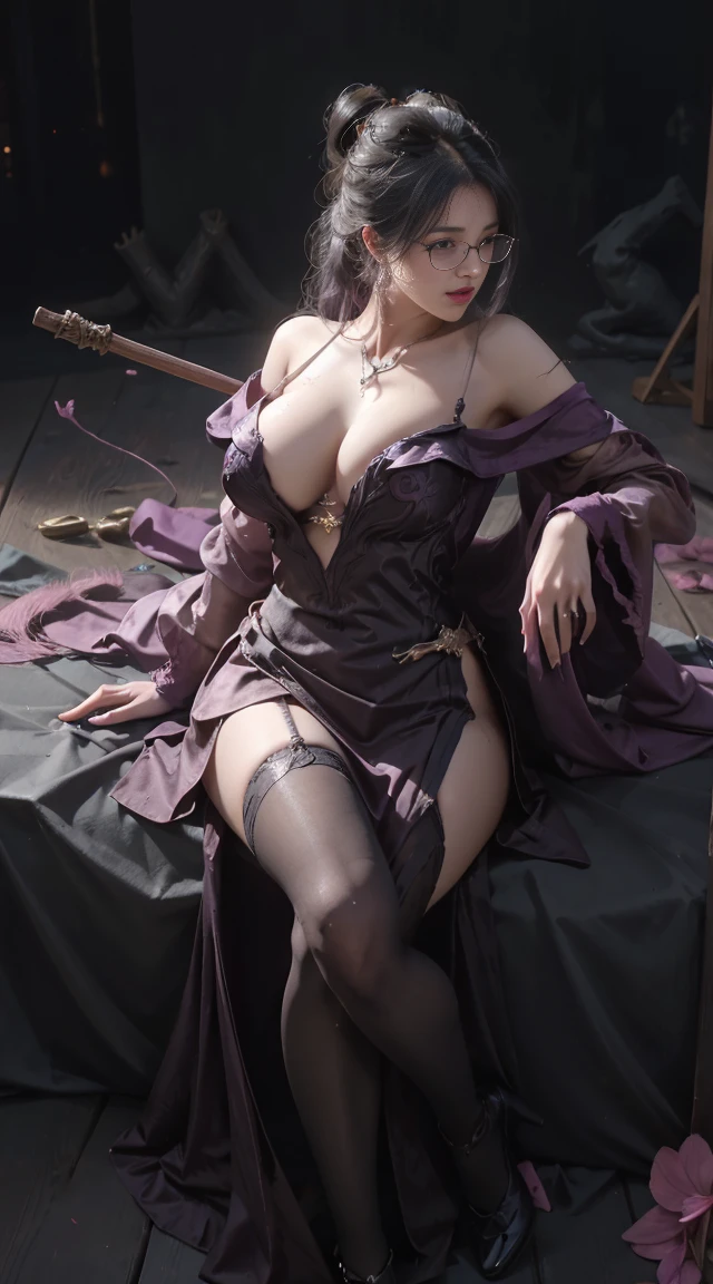 Dark style、Succubus、Devil's Daughter、Bat Wings，(((Demon Hornlack-rimmed round glasses))))、(((Colossal tits)))、(Devil's Tail),（Woman lying on bed）1 girl, Silver hair, striated hair, Bangs, Blunt bangs, Long hair, Pink hair, aqua eyes, longeyelashes, Purple eyes, makeup, Smile, Parted lips, Realism, Verism, surrealism, depth of fields, One-person viewpoint, retinas, masutepiece, ccurate, Anatomically correct, Textured skin,（Coarse short sweater）Floats off the shoulders、off shoulderlack tight skirt（（Full Body Angle））、stick out buttocks）、（shapely breasts,)、((sexypose)))、(camel's toe), tongue、Vaginal orchids、Runny Vaginal Discharge、Blowing tide、Very beautiful breasts、Grasp your breasts with both hands、sexual excitement、 Expressions、shinny skin。realisitic、(Kpop Idol)、Medium Hair、(Pink blush)、(illuminating)、(solo)、dynamicposes、((erectile nipple))、(Puffy eyes:1.２)、 (Slim legs)、erotick