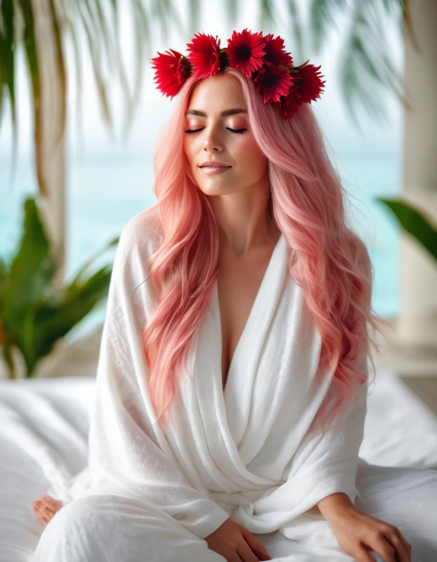 beautiful woman with long pink hair wearing( a white blanket blouse), with a red flower in front of her covering one eye and part of her face, natural sunlight,sitting in spa of Maldives , light colors, bokeh style, in the style of ultrafine detail, high-quality photo