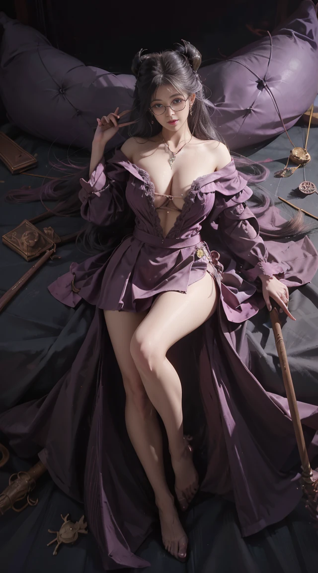 Dark style、Succubus、Devil's Daughter、Bat Wings，(((Demon Hornlack-rimmed round glasses))))、(((Colossal tits)))、(Devil's Tail),（Woman lying on bed）1 girl, Silver hair, striated hair, Bangs, Blunt bangs, Long hair, Pink hair, aqua eyes, longeyelashes, Purple eyes, makeup, Smile, Parted lips, Realism, Verism, surrealism, depth of fields, One-person viewpoint, retinas, masutepiece, ccurate, Anatomically correct, Textured skin,（Coarse short sweater）Floats off the shoulders、off shoulderlack tight skirt（（Full Body Angle））、stick out buttocks）、（shapely breasts,)、((pose)))、(camel's toe), tongue、Vaginal orchids、Runny Vaginal Discharge、Blowing tide、Very beautiful breasts、Grasp your breasts with both hands、sexual excitement、 Expressions、shinny skin。realisitic、(Kpop Idol)、Medium Hair、(Pink blush)、(illuminating)、(solo)、dynamicposes、((erectile nipple))、(Puffy eyes:1.２)、 (Slim legs)、erotick
