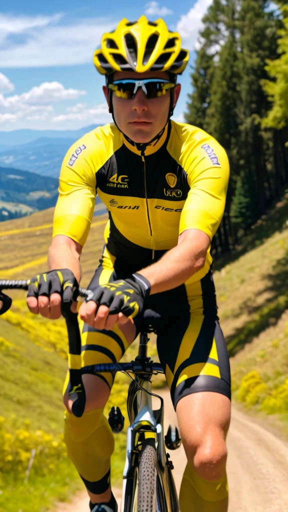 Ultra realistic 4k high resolution image Of a white male cyclist wearing yellow and black cycling clothing riding a yellow and black mountain bike Pedaling along the road on a sunny morning In the background the image landscapes of trees grasses plants Sunny blue sky High gloss image high saturation auto contrast