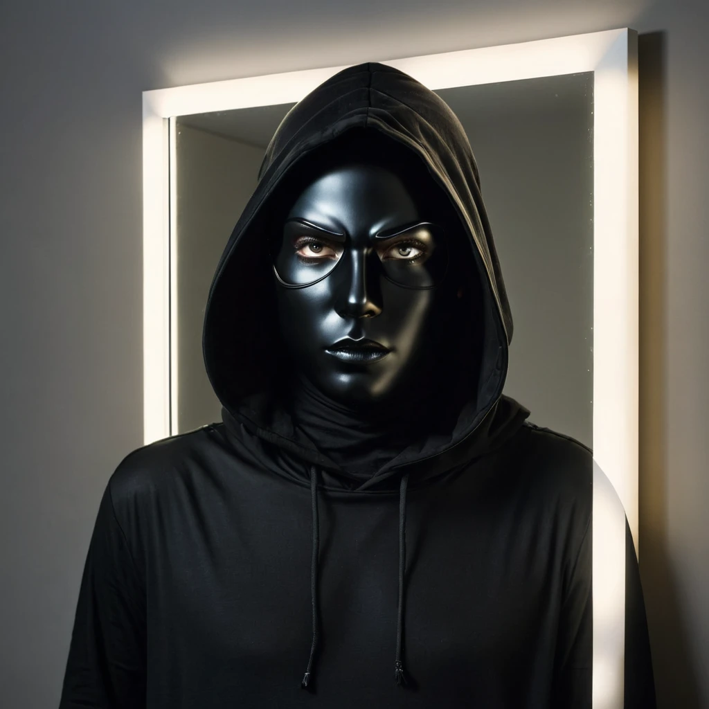 character with a black hood, and a lighted mirror as a face