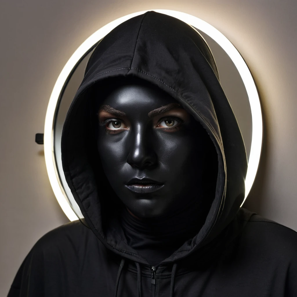 character with a black hood, and a lighted mirror as a face