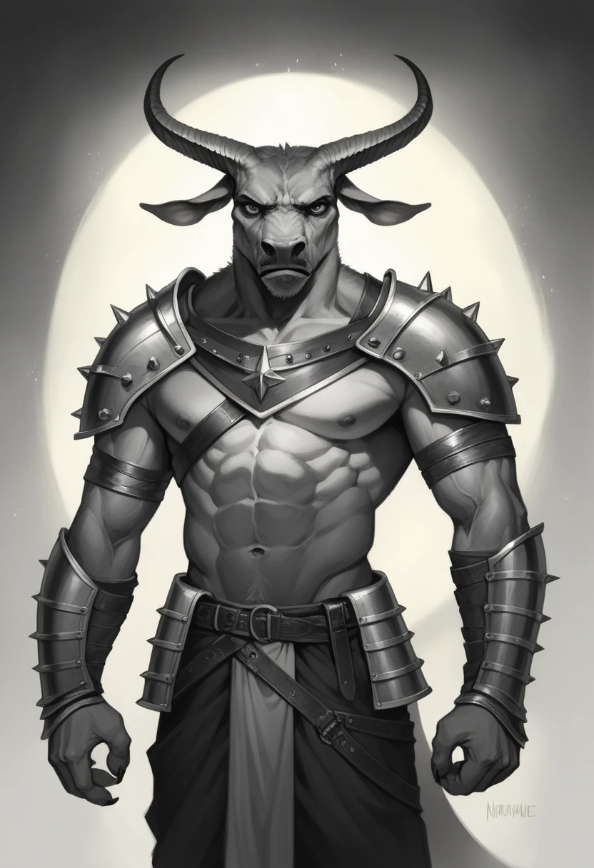 anthropomorphic bull,adventurer outfit,leather armor,vambraces,pauldrons,adventurer's backpack,horns,determined expression,muscular build,dramatic lighting,muted color palette,chiaroscuro lighting,cinematic composition,award-winning digital painting,masterpiece,photorealistic,highly detailed,ultra-detailed