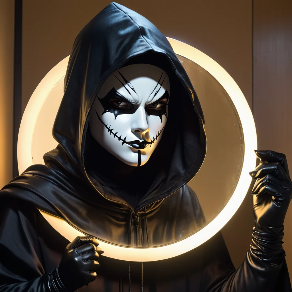 
character with a black hood, and a lighted mirror as a face