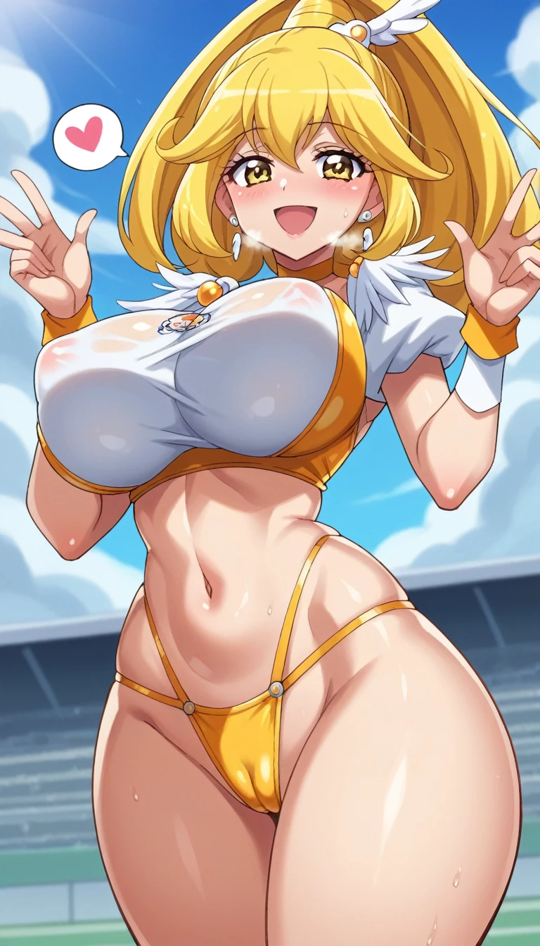 score_9, score_8_up, score_7_up, outdoor,
BREAK
source_anime, 
BREAK
1girl, curepeace, yellow hair, elect big nipple, huge breasts, happy,  spoken heart, 
navel, yellow race queen, thong,
tall, leggy, glistened skin, oiled skin, shiny skin, heavy breathing, wide hips, tight waist, thick thighs,
contrapposto, cameltoe,
looking_at_viewer,