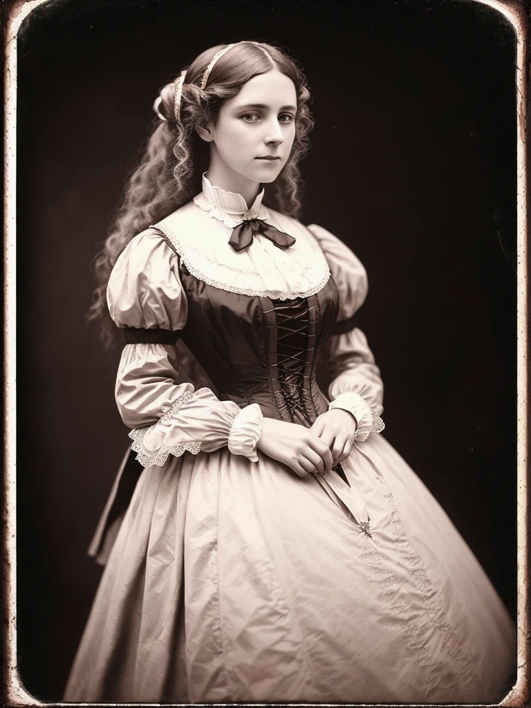 studio portrait of VeronicaCipher, victorian woman, wearing high collar victorian gown, lace, satin, jaquard, 1800s, analog, grainy, dust, scratches, blurry, Daguerreotype, Gelatin silver, Collodion_Photo, sepia (photorealistic:1.6) white long hair, dark pink eyes