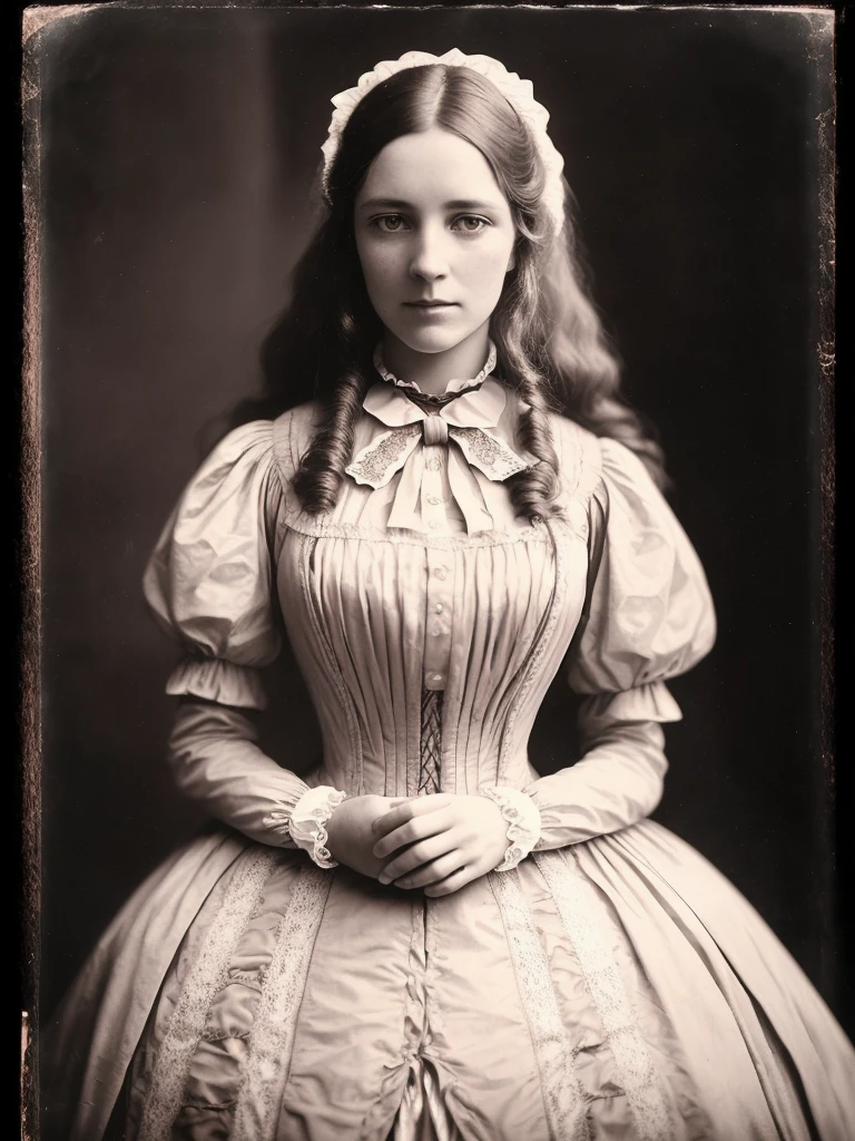 studio portrait of VeronicaCipher, victorian woman, wearing high collar victorian gown, lace, satin, jaquard, 1800s, analog, grainy, dust, scratches, blurry, Daguerreotype, Gelatin silver, Collodion_Photo, sepia (photorealistic:1.6) white long hair, dark pink eyes