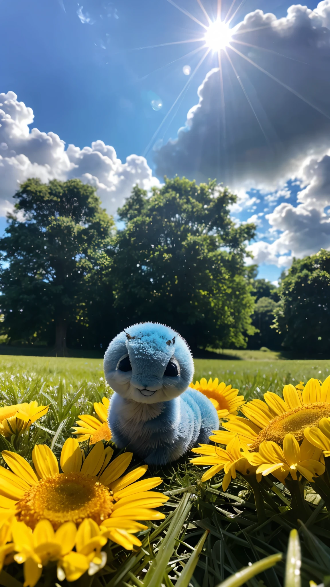 Fluffy arctic blue baby caterpillar laying on an oversized bed of bright green grass smiling with huge excited wide open eyes looking upwards to the vibrant golden yellow and amber rays of light from the sun that is peering out from behind silver gray rain clouds in the sky above