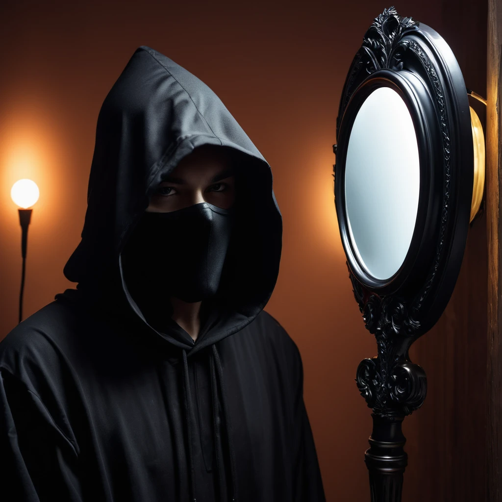 
character with a black hood, and a lighted mirror as a face