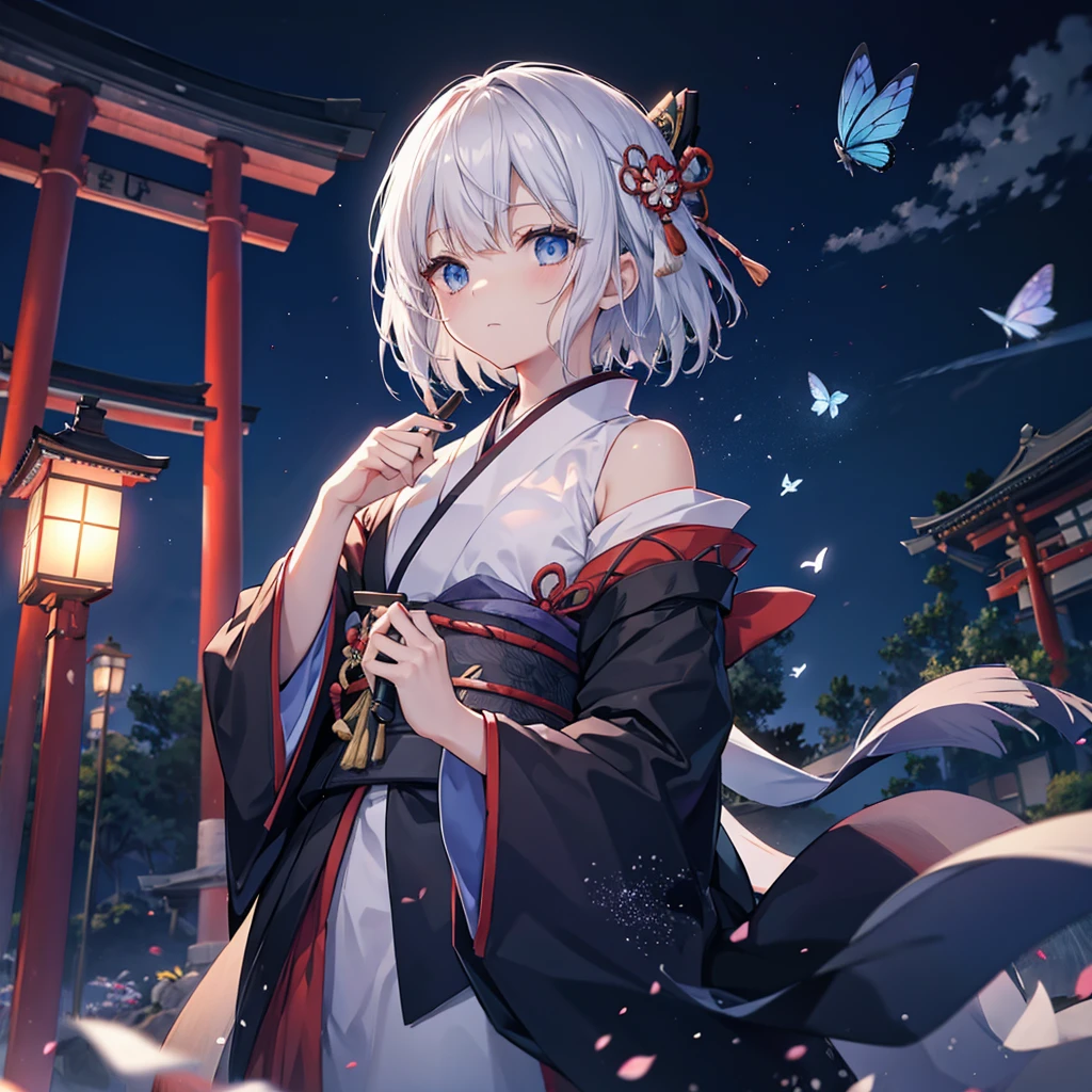 (((1 person)))　((High resolution　Gray Hair　short hair　Black kimono　Shoulder　knifeを構える　Flowing hair))　((Black Band　samurai　Lonely　despair　blue eyes))　((Blue Butterfly　night　Japanese style　old　Shining Aura　garden　shrine　torii　Catch the wind))　(dance　日本knife　knife　Slashing)　moonlight　star　Draw your sword　Reflected light　Shining Background　Shining Edge