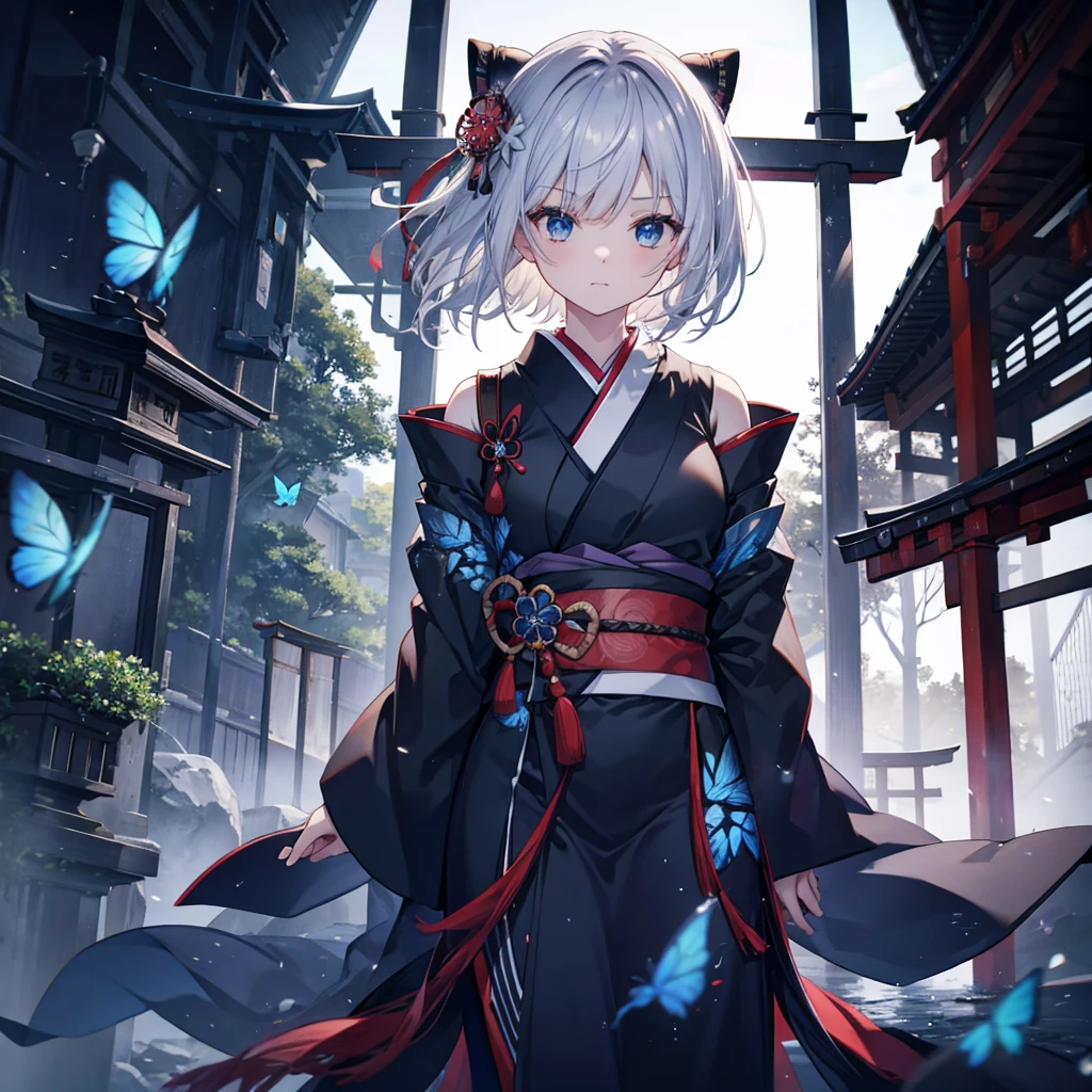 (((1 person))) ((High resolution Gray Hair short hair Black kimono Shoulder knifeを構える Flowing hair)) ((Black Band samurai Lonely despair blue eyes)) ((Blue Butterfly night Japanese style old Shining Aura garden shrine torii Catch the wind)) (dance 日本knife knife Slashing) moonlight star Draw your sword Reflected light Shining Background Shining Edge