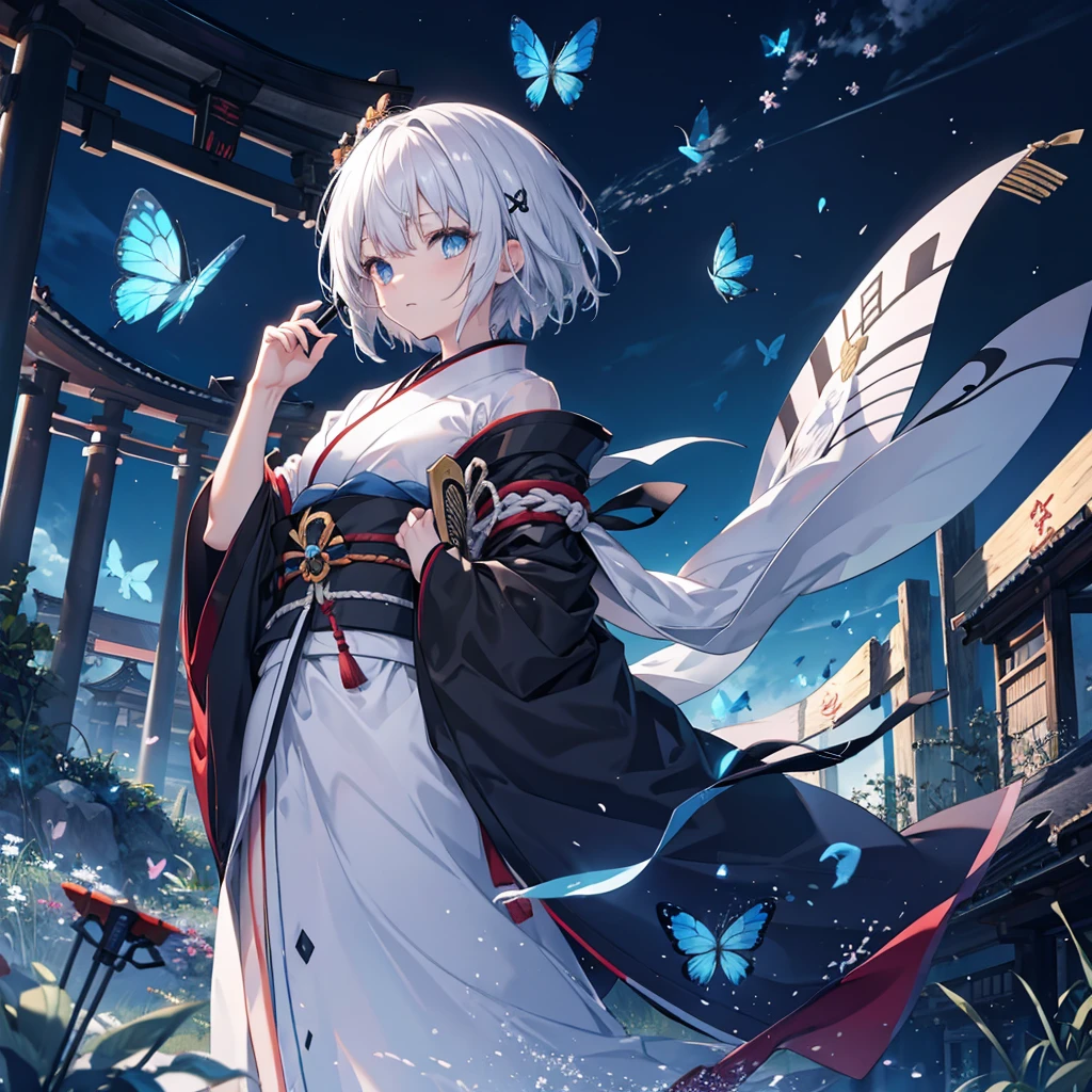 (((1 person))) ((High resolution Gray Hair short hair Black kimono Shoulder knifeを構える Flowing hair)) ((Black Band samurai Lonely despair blue eyes)) ((Blue Butterfly night Japanese style old Shining Aura garden shrine torii Catch the wind)) (dance 日本knife knife Slashing) moonlight star Draw your sword Reflected light Shining Background Shining Edge