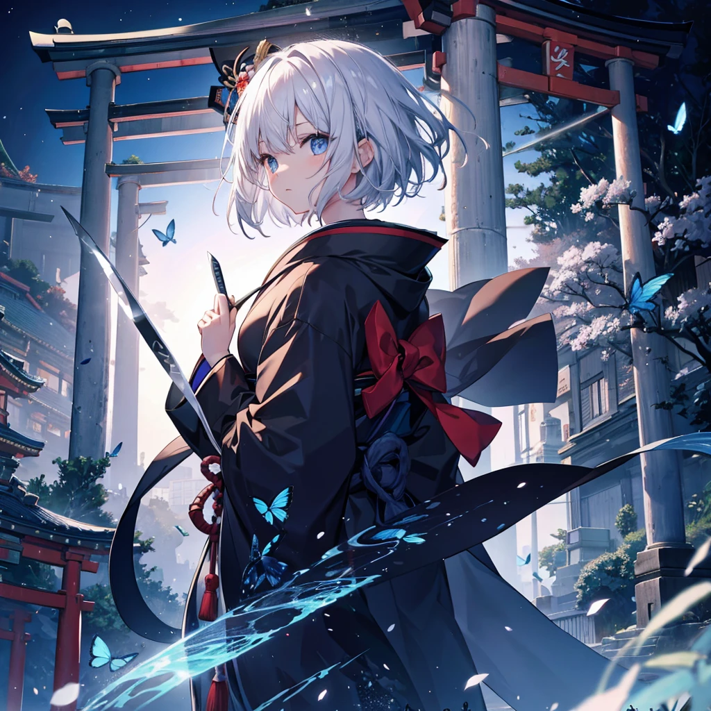 (((1 person))) ((High resolution Gray Hair short hair Black kimono Shoulder knifeを構える Flowing hair)) ((Black Band samurai Lonely despair blue eyes)) ((Blue Butterfly night Japanese style old Shining Aura garden shrine torii Catch the wind)) (dance 日本knife knife Slashing) moonlight star Draw your sword Reflected light Shining Background Shining Edge