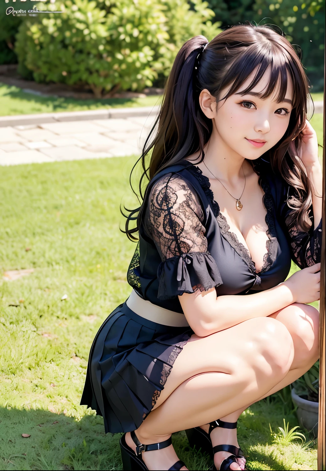 (Highest quality,masterpiece:1.3,Ultra-high resolution),(Very detailed、Caustics) (Realistic:1.4, RAW shooting、)Ultra-Realistic Capture、Very detailed、Natural skin texture、masterpiece、(Japanese girl wearing a black lace blouse and pleated skirt:1.3)、Adorable expression、Expressions of happiness、、height: 160cm、Young Face、Amazingly cute、Twin tail hairstyle、Curly Hair、Scrunchie、necklace、Black Hair、Heavy makeup、Very large breasts、Shining thighs、Shining ass、Private Garden Photoshoot、Squatting on the lawn、Background details、smile、An inviting gaze、(Anatomically correct)、Cowboy Shot、Attention to detail、Sexy and cute pose、Heeled Sandals、