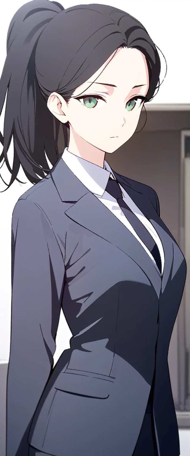(masterpiece, high quality, best quality, highres,) One Woman, young, black hair, ponytail, Green Eyes, Athletic build, expressionless, closed mouth, office staff suit, Simple white background, standing, cowboy shot, (from the front)