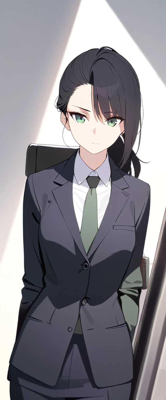 (masterpiece, high quality, best quality, highres,) One Woman, young, black hair, ponytail, Green Eyes, Athletic build, expressionless, closed mouth, office staff suit, Simple white background, standing, cowboy shot, (from the front)
