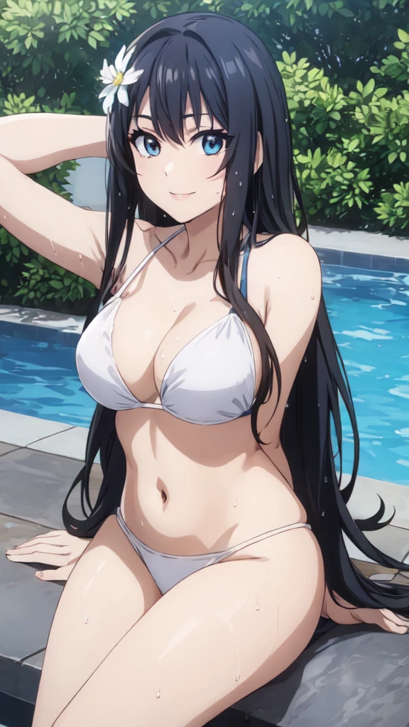 (Perfect hands, Perfect Anatomy:1.4),(anime:1.4),正面figure, Satin Ruiko, alone,(White Bikini Swimsuit:1.5),(A neat figure,thin:1.4),(Hairstyle is a princess cut:1.5),(Black Hair:1.4), blue eyes, (Black Hair:1.4),Long Hair,(Straight long hair:1.4), hair ornaments, (1 white flower decoration:1.4),(tsurime:1.4),(Sitting),(Broke up_lips:1.4),(Hime cut:1.4),(Large :1.4),(arms behind back:1.3), (Wicked Smile:1.4),20-year-old,(Wet:1.4),Sit on, (View your viewers:1.3),(Pool,Poolサイドで:1.4),(Dazzling sunlight,summer:1.4)、 break (Hime cut:1.4),(masterpiece:1.5),(Extremely accurate details,Ultra-high resolution:1.4),Highly detailed CG Unity 8k wallpaper,(Realistic,Photorealistic,超Realisticな:1.5),(curve,model,Glamour:1.5),Beautiful breastsaberration,Beautiful detailed shadows,Beautiful Eyes,Beautiful body,Beautiful Skin,Beautiful Hands,(美的animeの目:1.4),(figure:0.8), (Beautiful attention to detail:1.4), Highly detailed face, Perfect lighting, Highly detailed CG, (Perfect hands, Perfect Anatomy:1.4),