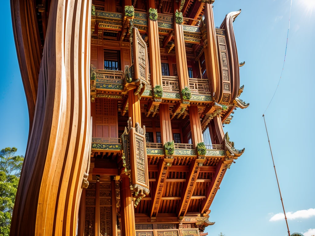 best quality, masterpiece, (((construction))), optics, ornate Taiwanese pagoda, Buddhism, Taiwan, street in front of house, green trees, curved pagoda roof, intricate carvings, Sculpture in stone or wood, carved round pillars, red brick courtyard, trees, no people, architecture, landscape, blue sky, bridge, building, outdoors, pagoda, gras