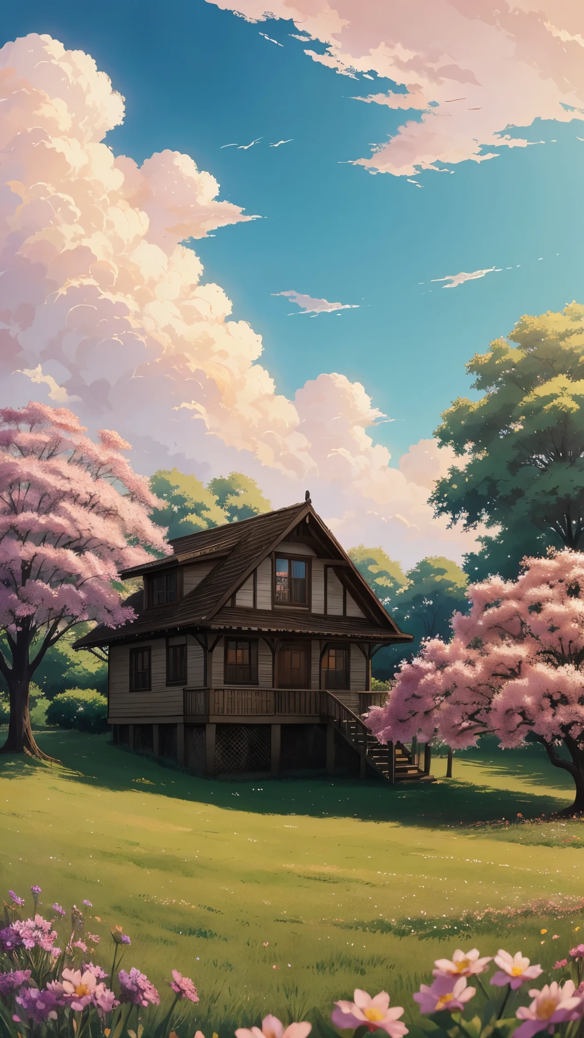painting of a house in a field with atree and flowers, cyril rolando and goronfujita, anime art wallpaper 4k, anime artwallpaper 4 k, anime landscape wallpaper,makoto shinkai cyril rolando, animecountryside landscape, anime artawallpaper 8 k, beautiful anime scene,beautifull puffy clouds. anime, 4k highlydetailed digital art