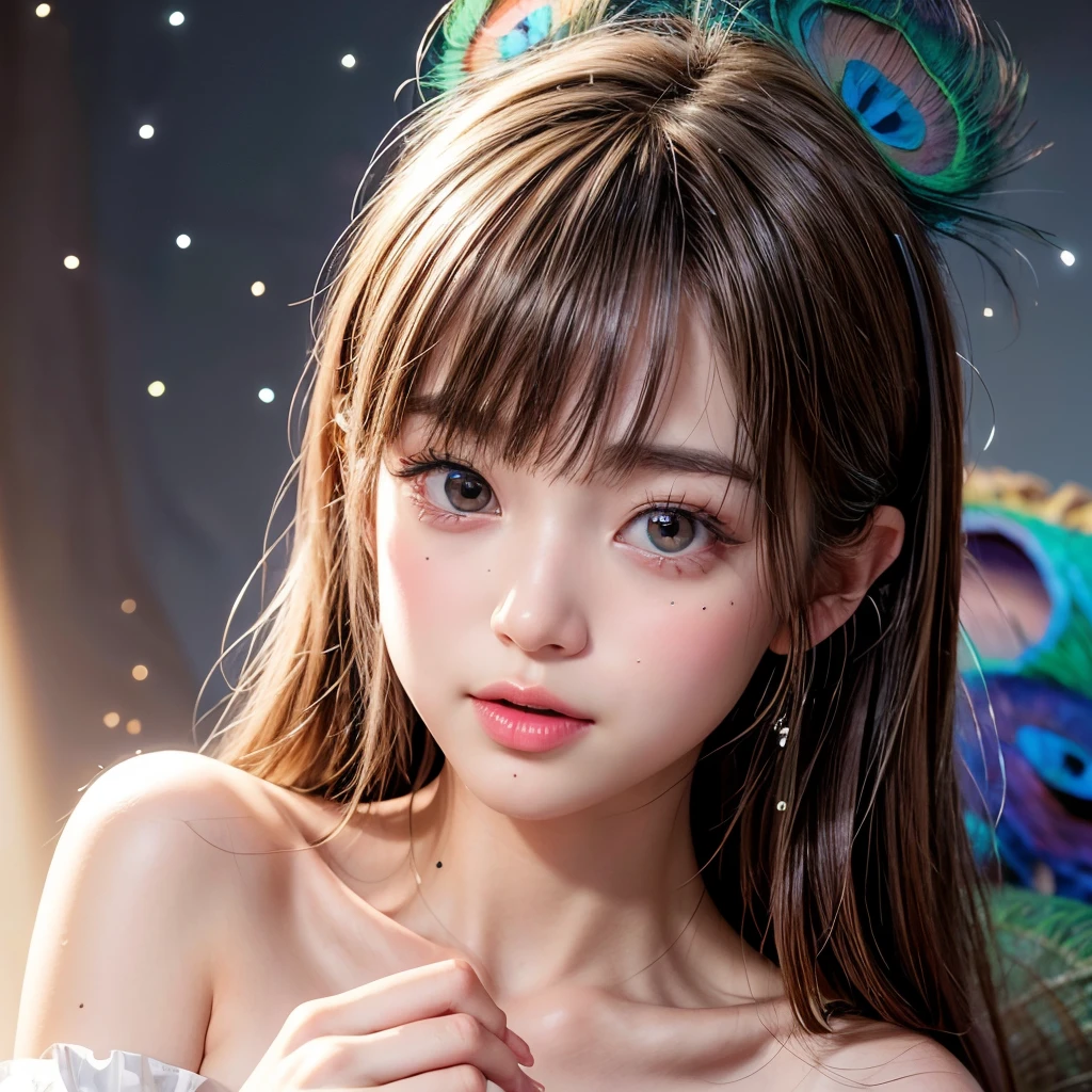 NSFW, 8k, High-level, absurd, masterpiece, best quality, primitive, very detailed CG, very detailed wallpaper, perfect lighting, Extremely detailed (((The personifying " Peacock " as a Little Girl))), MysticSight, Tyndall effect, Tyndall scattering, Studio gray background with (many Dazzling RainbowColor particles BokeH:1.28), (RoundlyButts, ThighGap), (Exposed:0.4), (Assfocus with looking ahead), BREAK (NOGIZAKA face variations) Extremely Detailed very KAWAII face variations, perfect anatomy, Childish, captivating gaze, elaborate detailed Eyes with (sparkling highlights:1.28), long eyelashes、Glossy RED Lips with beautiful details, Coquettish tongue, Rosy cheeks, Radiant PearlSkin with clear transparency . { (Dynamic LifeLike expressions:1.4) | :d) }, (large eyes:-1) .