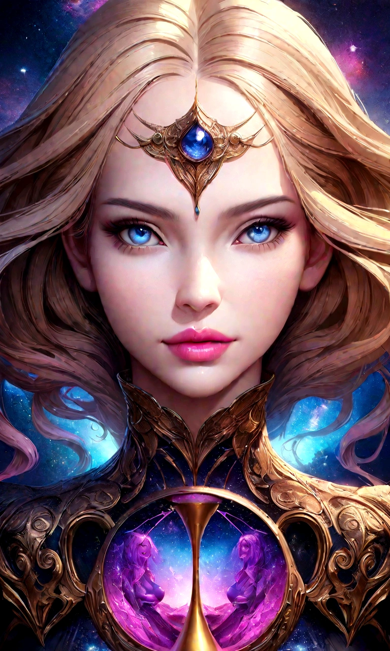 Portrait, mysteriously beautiful model with blond hair and a tight dress, hourglass figure, symmetrical figure, highly detailed face, beautiful face, mesmerizing blue eyes, lush lips, yearning, wanting a kiss, alluring, stunning digital illustration, cosmic fantasy background, beautiful digital artwork, magenta lighting, glossy digital painting, gorgeous digital art, 4k detailed digital art, beautiful digital illustration, 4k highly detailed digital art, beautiful digital art, realistic digital art 4k, realistic digital art 4k, airbrush digital art