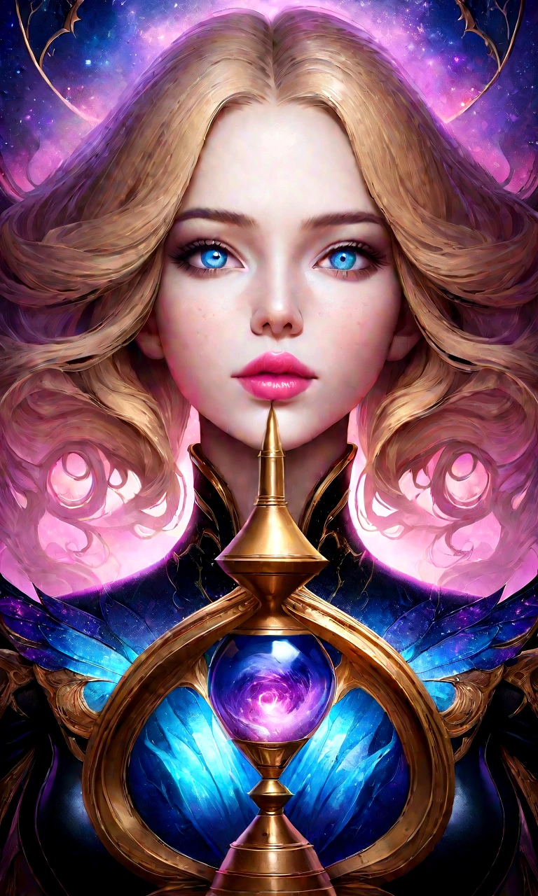 Portrait, mysteriously beautiful model with blond hair and a tight dress, hourglass figure, symmetrical figure, highly detailed face, beautiful face, mesmerizing blue eyes, lush lips, yearning, wanting a kiss, alluring, stunning digital illustration, cosmic fantasy background, beautiful digital artwork, magenta lighting, glossy digital painting, gorgeous digital art, 4k detailed digital art, beautiful digital illustration, 4k highly detailed digital art, beautiful digital art, realistic digital art 4k, realistic digital art 4k, airbrush digital art