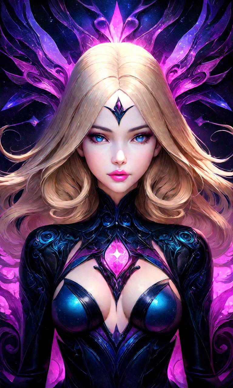 Portrait, mysteriously beautiful model with blond hair and a tight dress, hourglass figure, symmetrical figure, highly detailed face, beautiful face, mesmerizing blue eyes, lush lips, yearning, wanting a kiss, alluring, stunning digital illustration, cosmic fantasy background, beautiful digital artwork, magenta lighting, glossy digital painting, gorgeous digital art, 4k detailed digital art, beautiful digital illustration, 4k highly detailed digital art, beautiful digital art, realistic digital art 4k, realistic digital art 4k, airbrush digital art