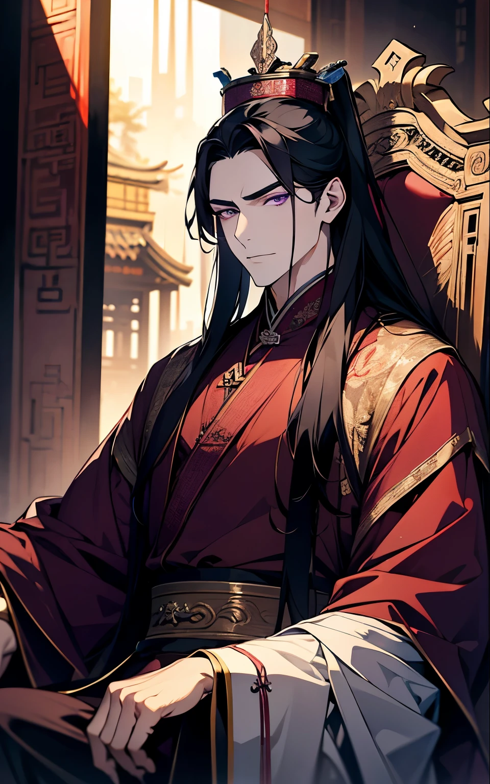 1 middle-aged man, (45 years old), long black hair, violet eyes, chinese clothes, purple clothes, sitting chniese throne, purple chinese room