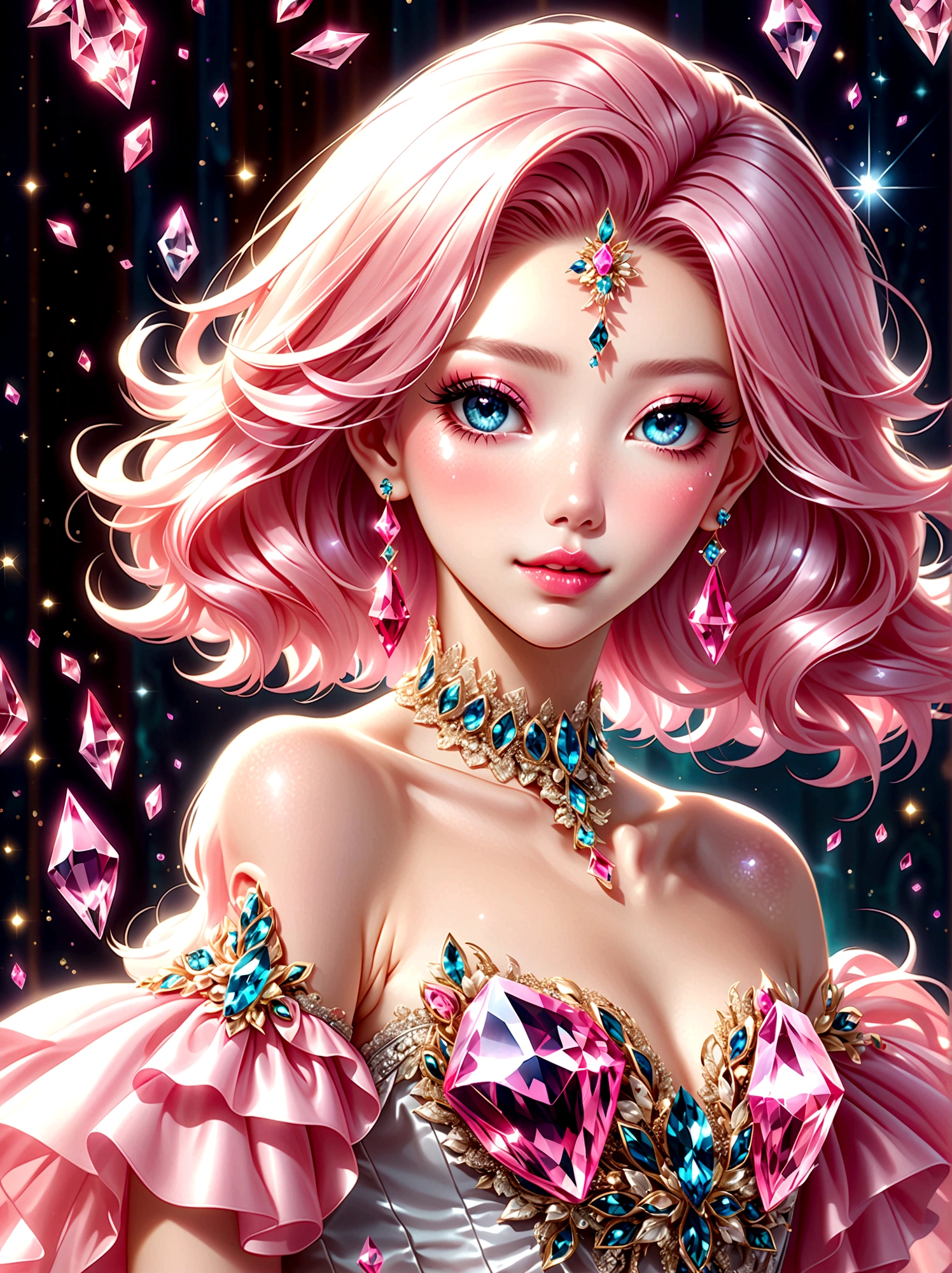 ((masterpiece))，Best quality，absurd，Ultra Detailed，(Full body shot:1.5)，Golden Ratio，Super cute and beautiful Asian idol girl，Beautiful Drag Queen，Manners are elegant，Shoulder-Length Light Teal Hair，Wearing an edgy bob，Her makeup is mesmerizing，Eyeshadow glitter，Ruby red lips。She was wearing a gorgeous evening gown，The skirt is dragging on the ground，Studded with various sequins and beads，sparkling，Her slender hands were adorned with large, dazzling rings and long, colorful false nails.，This photo shows the thriving drag culture，(Pink crystal high heels:1.5)，Dark theme elements, Pencil Sketch，(rococo style, Romanticism, modern, uhd, anatomically correct, accurate, textured skin, 8K)