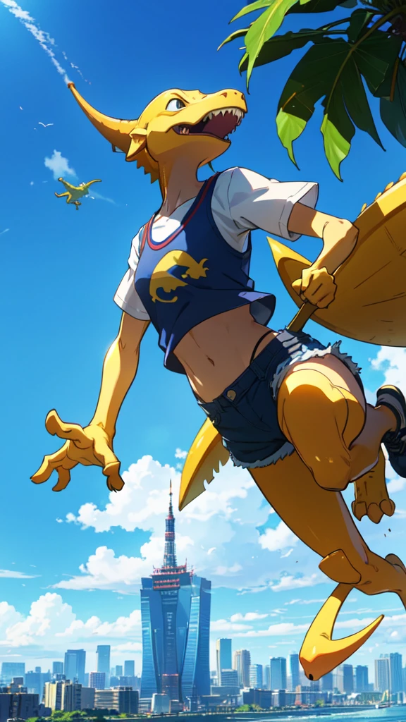 Summer in Tokyo, a  in shorts soars above the blue sky, a mysterious world, a small yellow dinosaur monster