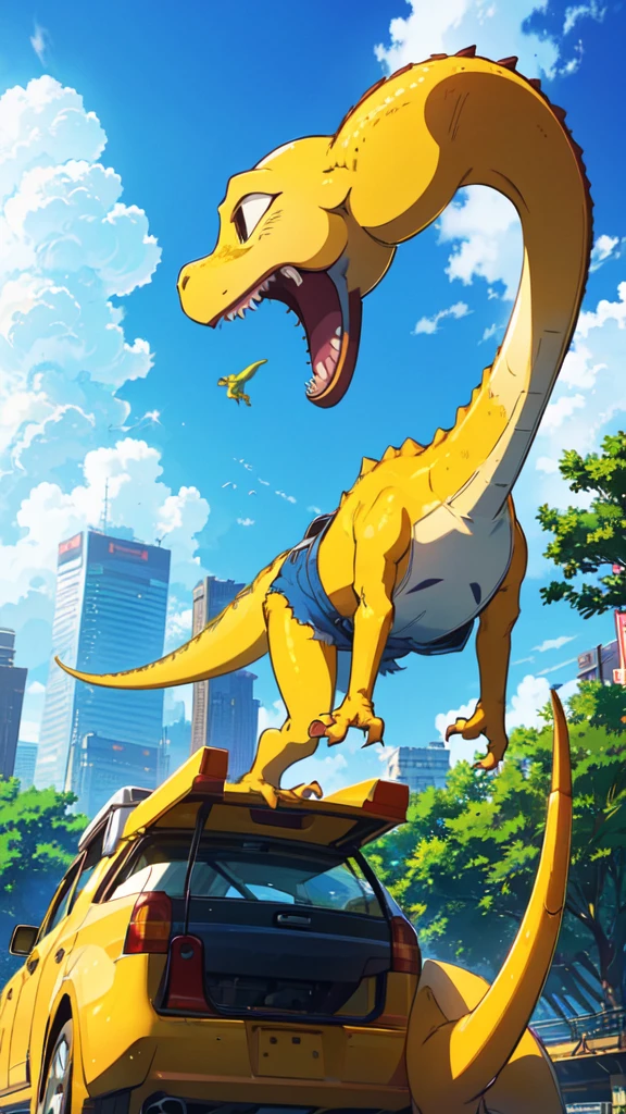 Summer in Tokyo, a  in shorts soars above the blue sky, a mysterious world, a small yellow dinosaur monster