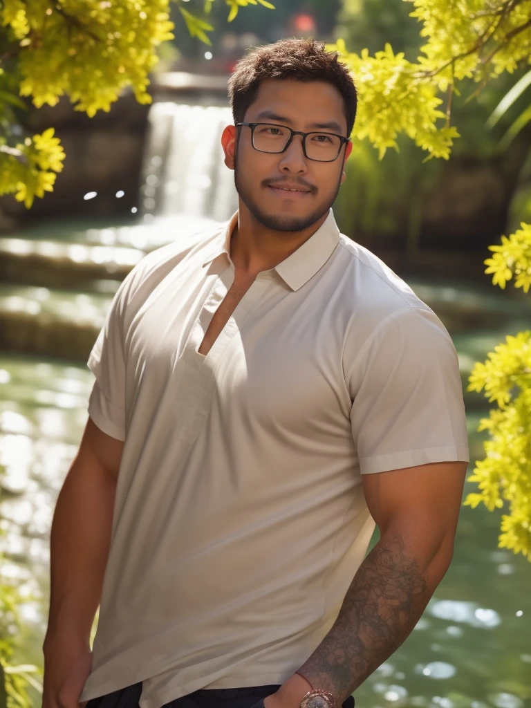 An award-winning original photo，a handsome 38-year-old man, crew cut, (((full body))), (((landscape))), mature man, [slightly fat], asian man, brown eyes, rounded face, glasses, slightly balding, 1boy, Solo, (big shoulders), (((stubbles, Short beard))), (((full beard))), (Beautiful eyes:1.3), (Detailed face:1.3), wearing glasses, Dynamic Angle, volumetric lighting, (Best quality, A high resolution, Photorealistic), Cinematic lighting, Masterpiece, RAW photo, Intricate details, (extremely detailed 8k wallpaper), masterpiece 16k photo, (best quality)), Handsome guy, 21 years old, Asian, master work, best picture quality, higher quality, high detail, super high resolution, 8k resolution, delicate facial features, detailed face, detailed eyes, detailed hands, boy, slim muscular body, large pecs, tattoos, short hair, hair details, Look away, look to the side, emphasize homosexuality and pay attention to every detail, open Hanfu transparent tulle jacket, wearing white transparent tulle pants, crotch bulge, night, starry sky, flying flowers. Waterfalls, mountains, circling dragons, Chinese courtyard background,