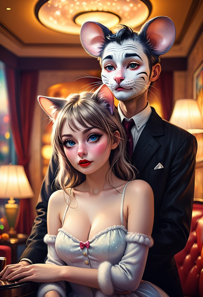 Renoir style , Hallucination, daydream , nightmare , Insane Dream , bokeh , erotica , realistic mouse girl and realistic cat man , realistic nose , hotel lounge