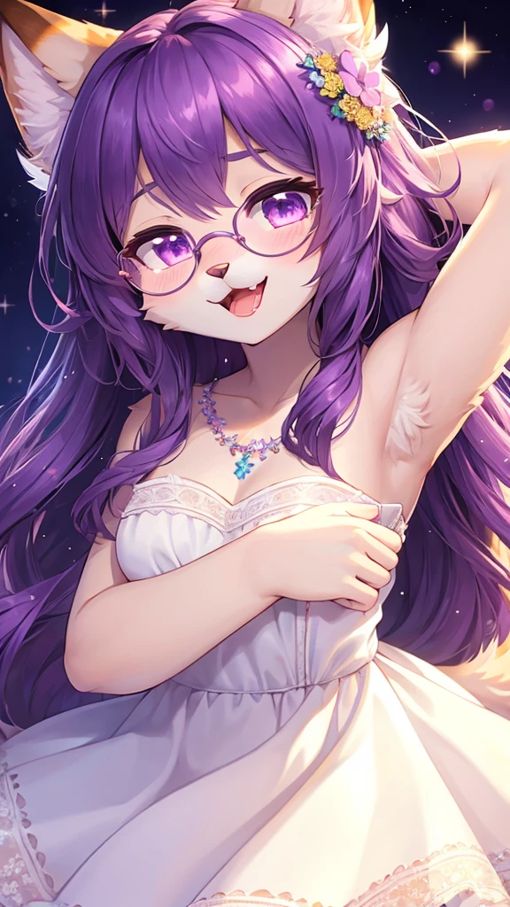 best quality,best resolution,(fluffy anthro furry :1.6),(young :1.8), cat girl,long hair,wavy hair,purple hair,pirple eyes,glistering eyes,sparkle eyes,ultra detailed eyes,beige fur,circle glasses,flower hair ornaments,white fur,(white dress),sparkle stars background,glistering dusts surrounded,light and shadow,full face blush,heart expression eyes,heart eyes,looking at viewer,sexy face,open mouth,closed eyes,smile,raise up arm,upper body only