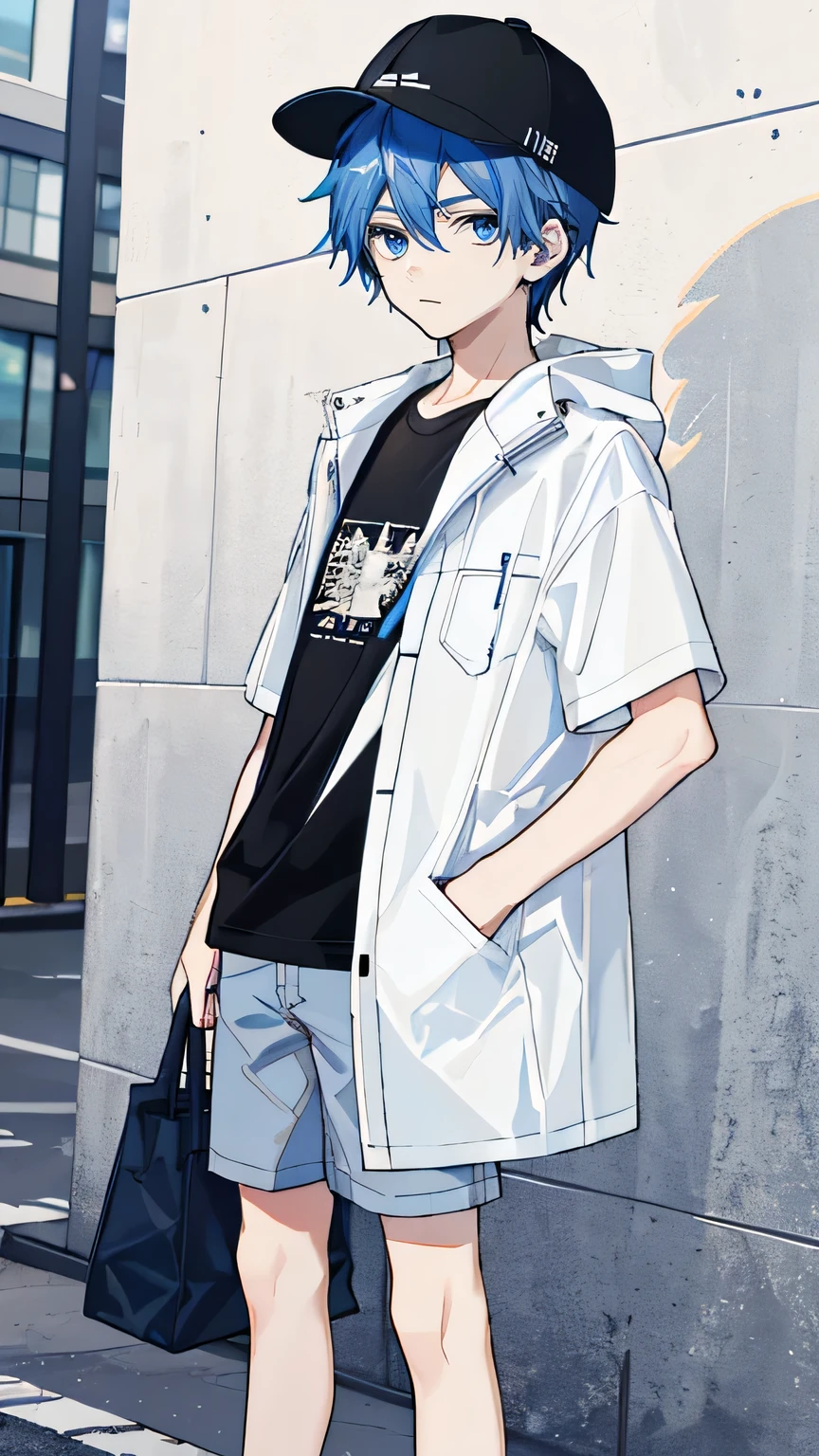 1 boy, blue hair, blue eyes, whole body, wear a bag, black short sleeve tee, white outerwear, Black hat, University Background