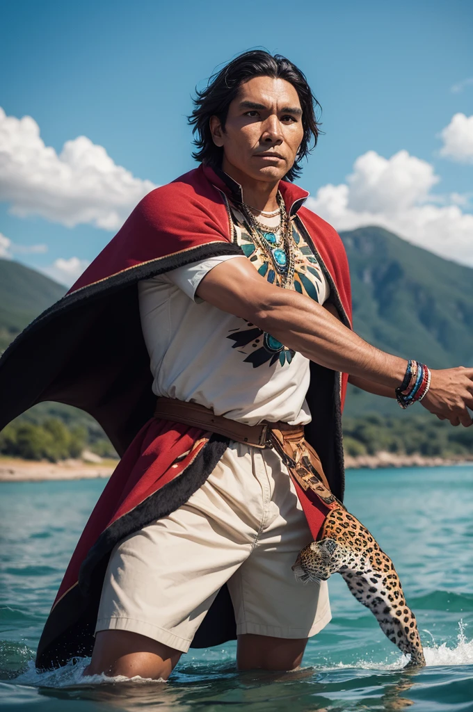 An indigenous hero with a jaguar cape fishing