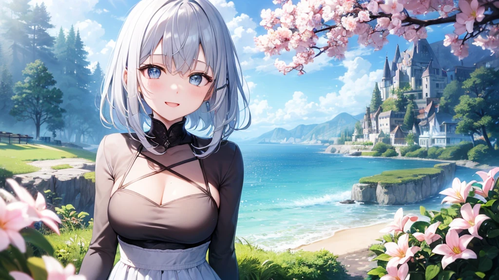 Her eyes were shining、Mysterious and enchanting atmosphere。With AI Painting、とてもShort Hair, Long bangs between the eyes, Grey Eyes , Very detailed,(masterpiece、Highest quality)、alone、Gray Hair、Fantasy, Silver Hair, Beautiful Eyes,Ecstasy, charm, attract the audience, Fantasyな風景、White shirt、smile、Open your mouth、Scarf、short hair、Short Hair、hairpin、Dark Eyes